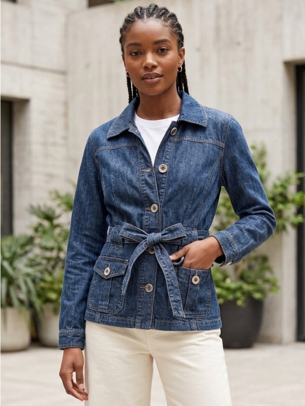 French Cuff Button Front Belted Short Trench Jean Jacket Collar Pockets Flaps